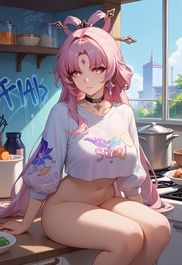 star rail,fu xuan,cropped graffiti sweatshirt,dolphin shorts  - AI generated anime art